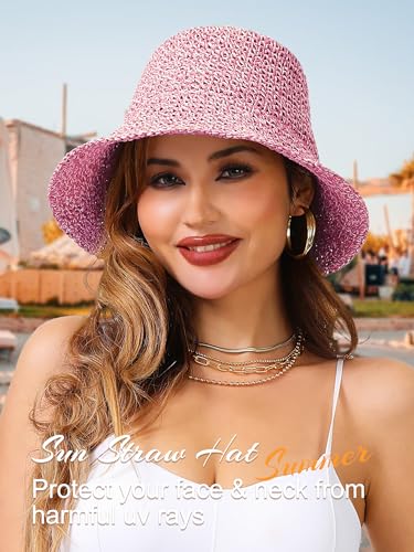 sy soul young Women's Straw Sunhat Wide Brim Hand Woven Beach Bucket Hat - color: Beige & Hot Pink