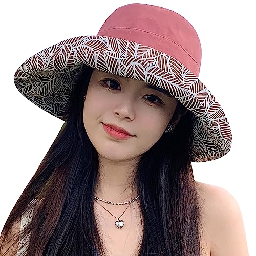 HUAMULAN Wide Brim Women Summer Sun Floppy Hat Reversible Beach Bucket Hat - color: M2246-jiuhong