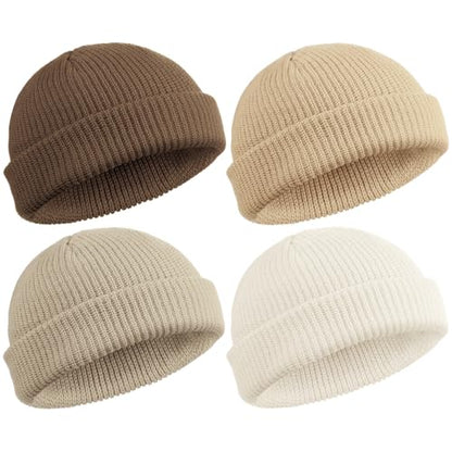 SATINIOR 4 Pieces Trawler Beanie Watch Hat Roll up Edge Skullcap Fisherman Beanie Unisex - color: Khaki, Apricot, Beige, White, size: One Size
