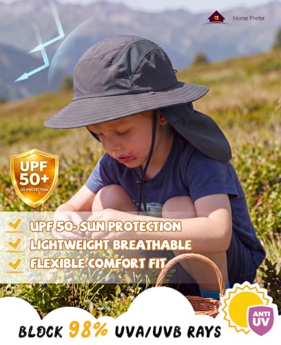 Home Prefer UPF 50+ Boys Sun Hat with Neck Flap Wide Brim Summer Beach Bucket Hat for Boys Girls Toddler Kids Safari Hat - color: Dark Gray