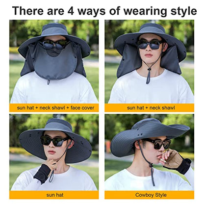 Women Wide Brim Face Mask Sun Hat Detachable Neck Face Flap Ponytail UV Protection Visor Hat Garden Fishing Hiking - color: Hyp008-darkgray