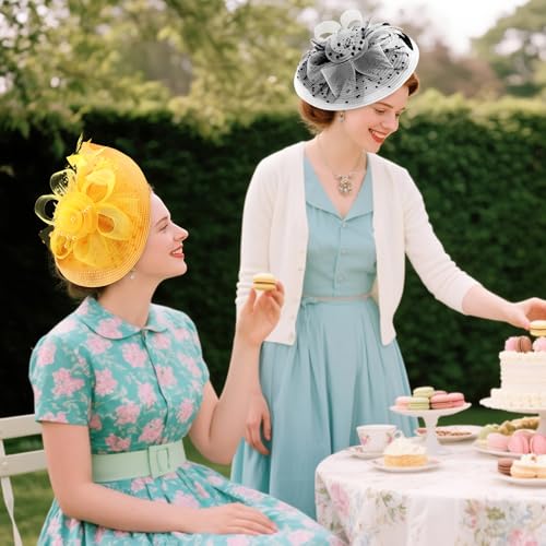 DRESHOW Fascinators Hat Flower Mesh Feathers Hat with a Headband and a Clip 7.9" Tea Party Headwear for Women - color: Folded Style 2: Black & White / 7.9"