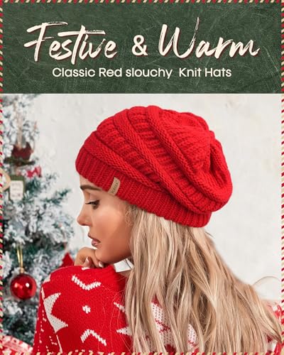 FURTALK Winter Beanie Hat for Women Satin Lined Cable Knit Chunky Slouchy Beanies Skull Warm Cap - color: Red