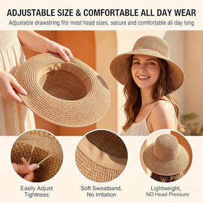 Womens Sun Hat Straw Hat Wide Brim Foldable Roll-Up Beachwear Sun Hat Summer Beach Hat (Khaki)