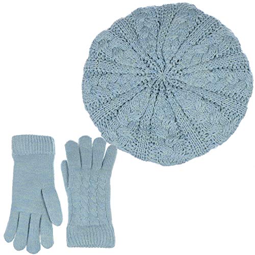 BYOS Womens Winter Cozy Cable Fleece Lined Knit Beret Beanie Hat (Set Available) - color: Pastel Blue Cable Hat Gloves Set