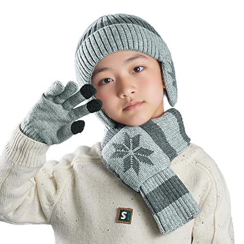 PURFUN Kids 3-in-1 Beanie Scarf Touchscreen Gloves Set, Winter Thick Warm Fleece Lined Knitted Skull Cap with Ear Flaps - color: Light Grey
