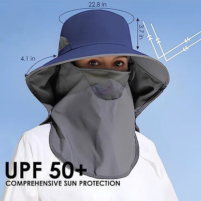 Outdoor Sun Hat Detachable Neck Face Flap UPF 50+UV Protection Visor Fishing Hats with Neck Flap for Men & Women - color: Navy