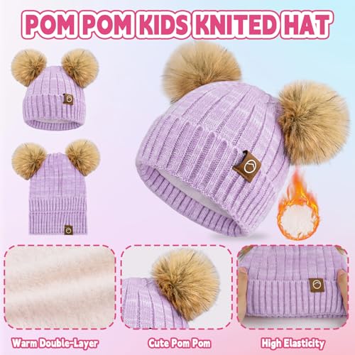 Kids Winter Hat Gloves Scarf Set Girls, Children Beanies Hats with Pom Pom - color: Purple Mix