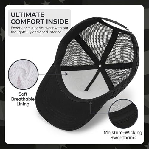 BROMZ Kids Youth American Flag Trucker Hat Flat Bill, Breathable Mesh Back Snapback Baseball Cap for Boys Girls 5-15 Years - color: Black/Black Flag