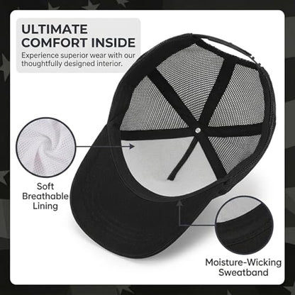 BROMZ Kids Youth American Flag Trucker Hat Flat Bill, Breathable Mesh Back Snapback Baseball Cap for Boys Girls 5-15 Years - color: Black/Black Flag