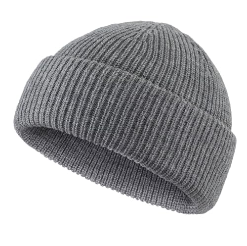 Connectyle Short Fisherman Beanie for Men Women Warm Winter Hats Knit Cuffed Beanies Skull Cap Acrylic Watch Hat - color: Light Grey