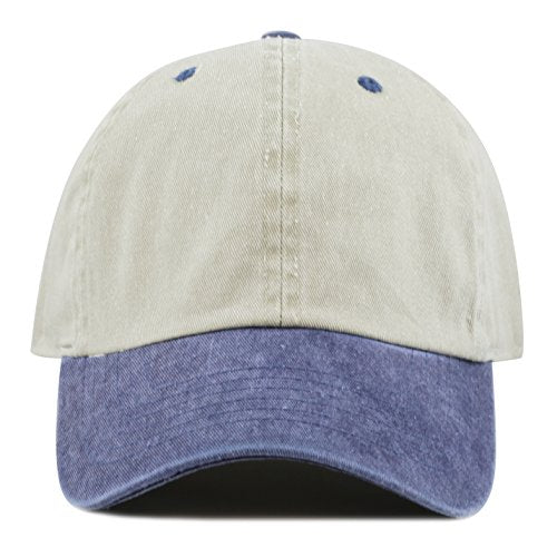 The Hat Depot 100% Cotton Pigment Dyed Low Profile Dad Hat Six Panel Cap - color: 2. Beige/Navy