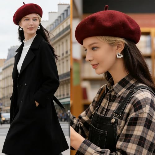 Women Classic French Beret Hat Irish Painter Cap Warm Wool Artist Beanie Hat Lady Fancy Dress - color: B-winered