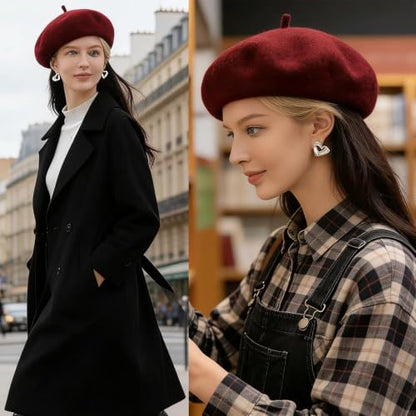 Women Classic French Beret Hat Irish Painter Cap Warm Wool Artist Beanie Hat Lady Fancy Dress - color: B-winered