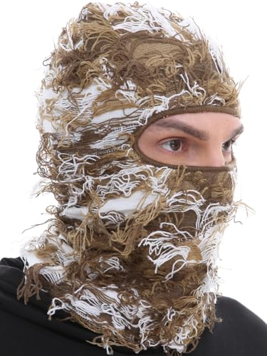 ROXUN Distressed Ski Mask Balaclava, Yeat Shiesty Fluffy Knitted Full Face - color: 01- Brown Mixed