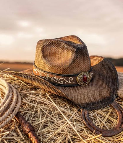 FLUFFY SENSE. Cowboy Hats for Women and Men - Distressed Straw Western Hat with Shapeable Brim for Cowboys and Cowgirls - color: Ombre Brown
