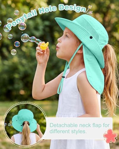 Century Star Kids Sun Hat with Ponytail Hole & Detachable Neck Flap UPF50+ Quick Dry Girls Bucket Hat for Outdoor Beach - color: Lake Blue