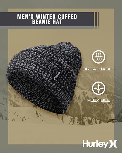 Hurley Men's Cuffed Beanie - Classic Midweight Loose Knitted Winter Hat for Men - color: Black/Grey