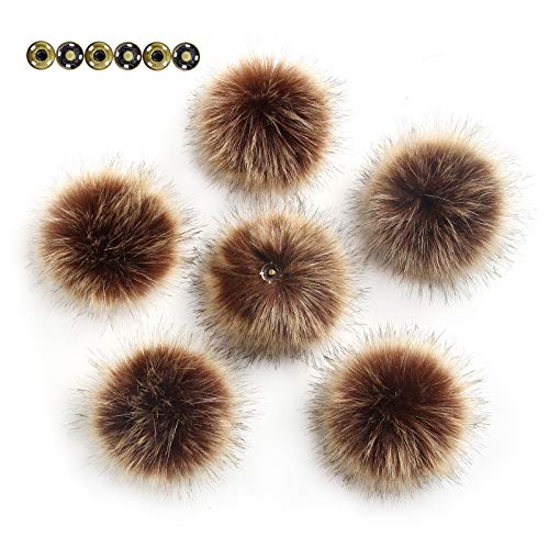 Pack of 6 Detachable Faux Fox Fur Pom Poms for Hats with Snap 4.3inch/11CM DIY Handmade Accessories (Brown) - color: Brown