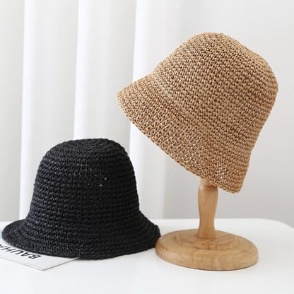 Women's Straw Bucket Hat Summer Mesh Woven Sun Beach Hat Foldable Fisherman Caps Hats - color: Khaki