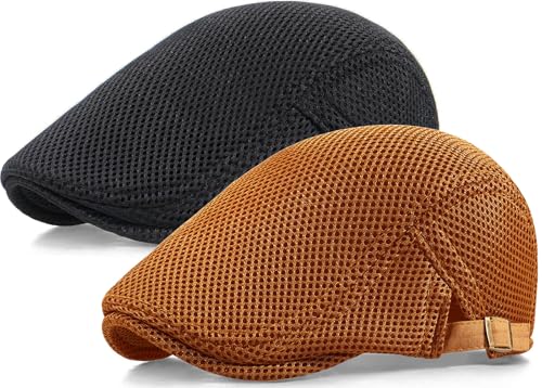 2 Pack Men's Mesh Cap Breathable Summer Newsboy Hat Adjustable Beret Ivy Cap Irish Cabbie Driving Hunting Hats - color: Black/Caramel