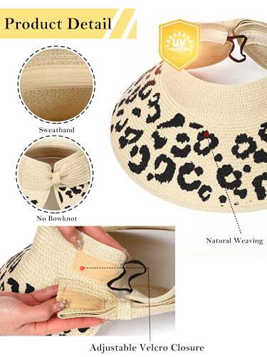 sy soul young Women's Straw Hat with Ponytail Hole Wide Brim Visor Sunhat - color: Beige With Leopard 2