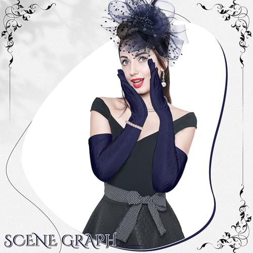 Yaomiao 5 Pcs 1920s Tea Party Accessories Fascinator Hat Gloves - color: Navy Blue