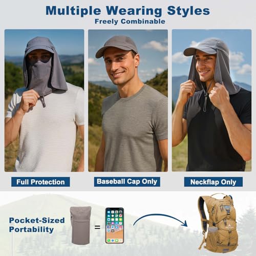 Surblue Baseball Sun Cap with Removable Neck Flap and Face Mask UPF 50+ - color: A-light Grey, size: Small