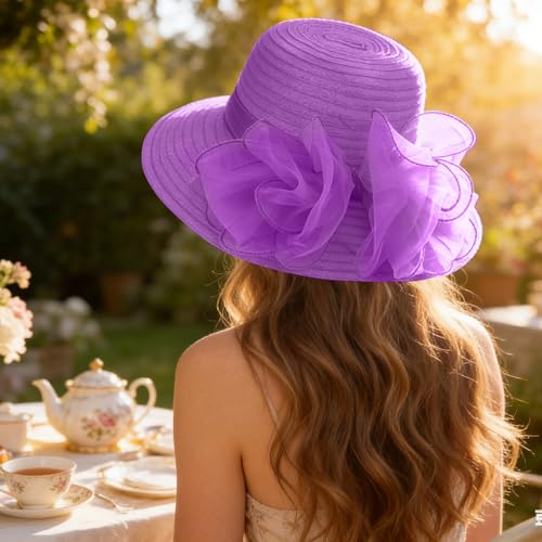 DRESHOW Lady Derby Dress Church Bowler Cloche Hat Bowknot Organza Bridal Cap for Wedding - color: 1 Pack Bowler Hat: Dark Purple