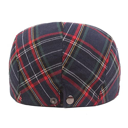 QHFHULV Newsboy Cap for Men Cotton Flat Gatsby Ivy Golf Cabbie Driving Hat - color: Plaid Navy