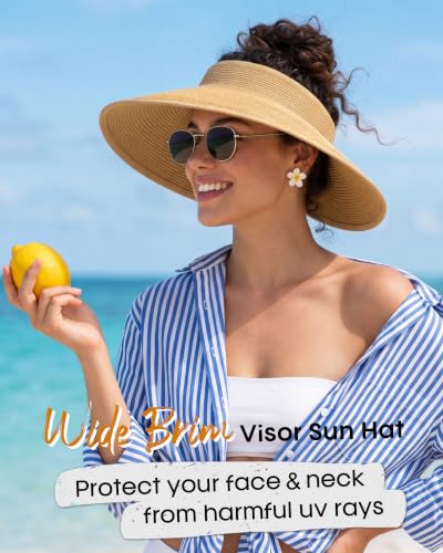 FURTALK Sun Hats for Women Wide Brim Ponytail Straw Visor Foldable Beach - color: Khaki+black