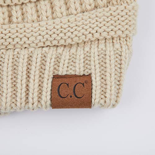 C.C Fur Pom Winter Fall Trendy Chunky Stretchy Cable Knit Beanie Hat - color: Solid Beige