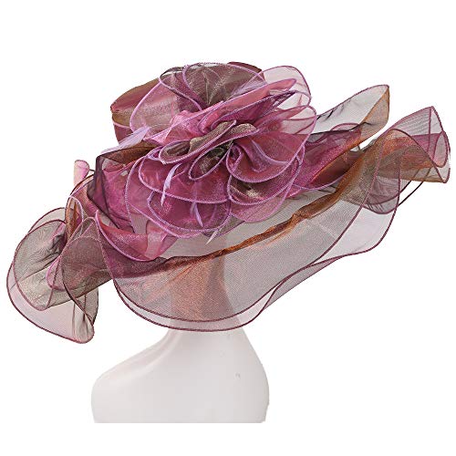 Women Oganza Sun Hat Church Wide Brim Wedding Formal Fascinator Hat - color: Plum & Purple