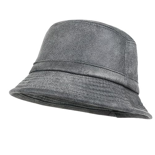 ililily Vintage Faux Leather Short Brim Bucket Hat Flat Top Basic Hat - color: Dark Grey, size: Medium