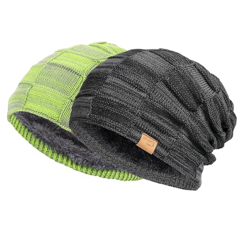 Vgogfly Slouchy Beanie for Men Winter Hats for Guys Cool Beanies Mens Lined Knit Warm Thick Skully Stocking Binie Hat Pairs - color: Black/ Bright Yellow
