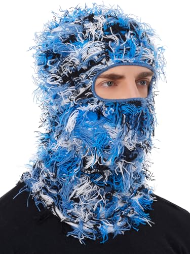 ROXUN Distressed Ski Mask Balaclava, Yeat Shiesty Fluffy Knitted Full Face - color: 01- Blue Mixed