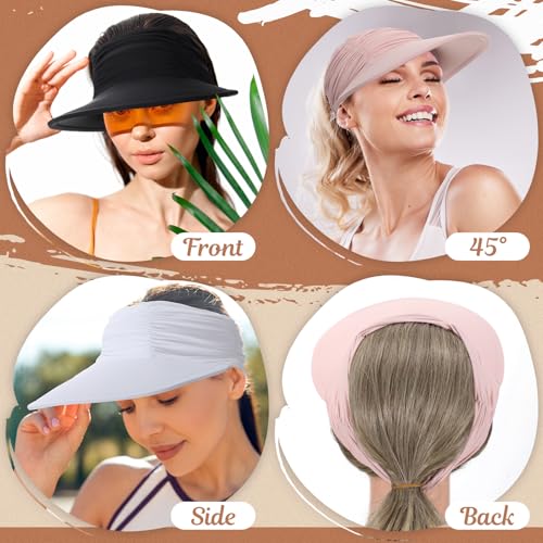 Skicuff 3 Pack Women Sun Visor Hat, Wide Brim Summer Sun Hats UV Protection Beach Ponytail Cap for Golf Hiking Sports - color: Black, White, Pink