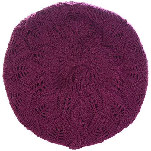BYOS Women Mid-Weight Slouchy Leafy Cutout Crochet Soft Knit French Beret Hat - color: 2-pack-mulberry Purple & Bk