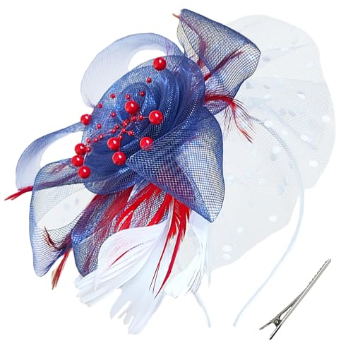 WLBON Fascinators Hat 20s 50s Headband Hair Clips Flower Mesh Veil Feather Headpiece Headwear Women Halloween Carnival Cocktail Wedding Church Cosplay Dress Up Birthday Tea Party Accessories Colorful - color: Red Blue With White