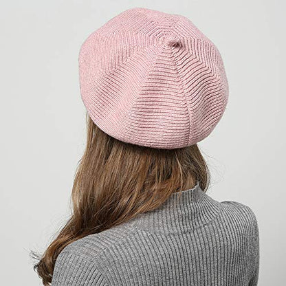 French Style Beret Hat for Women Winter Fall Knit Artist Hats Classic Solid Color Beanie Hat - color: Light Pink