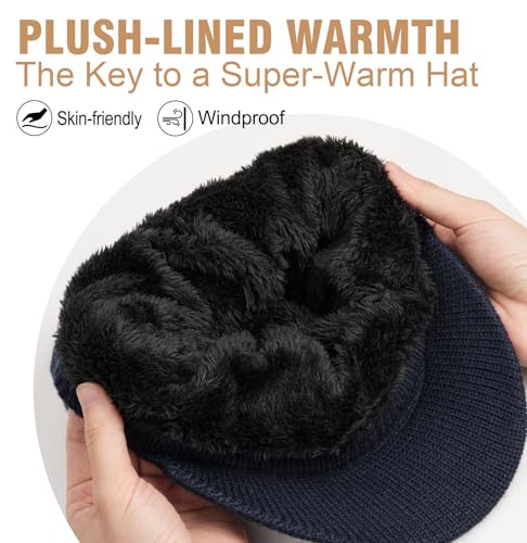 Wmcaps Men's Fleece Lined Brim Beanie, Thermal Winter Visor Hat Outdoor Cap - color: Gray