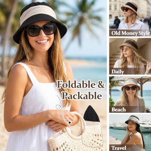 Babalet Women Summer Bucket Sun Hat Lightweight Beach Faux Linen Blend Bucket Hat Adjustable Foldable UV Protection Beach Cap - color: Solid Black / White Band