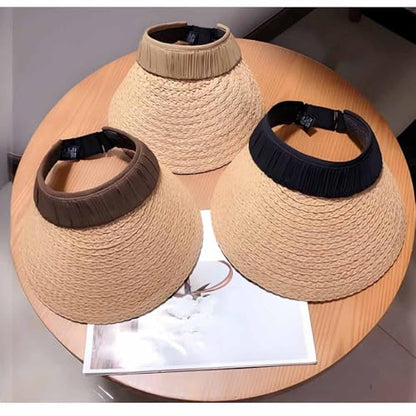 Sun Visor Hats for Women Wide Brim Straw Visors Womens Foldable Beach Visors Summer Packable Ponytail Beach Hat UPF50+ Khaki