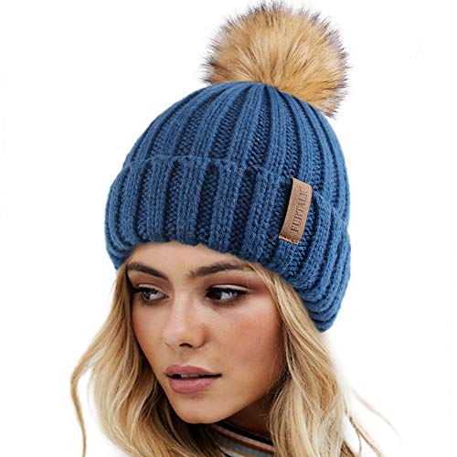 FURTALK Womens Winter Knitted Beanie Hat with Faux Fur Pom Warm Knit Skull Cap Beanie for Women - color: Wood Blue