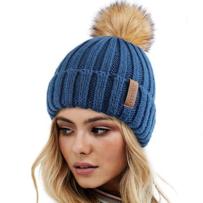 FURTALK Womens Winter Knitted Beanie Hat with Faux Fur Pom Warm Knit Skull Cap Beanie for Women - color: Wood Blue