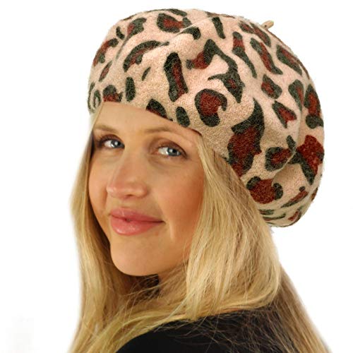 Classic Winter 100% Wool Warm French Art Basque Beret Tam Beanie Hat Cap - color: Leopard Pink