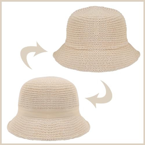Eigso Womens Mesh Woven Bucket Hats Summer Outdoor Beach Straw Bucket Hat for Woman Packable Beach Hat - color: A2 : Beige