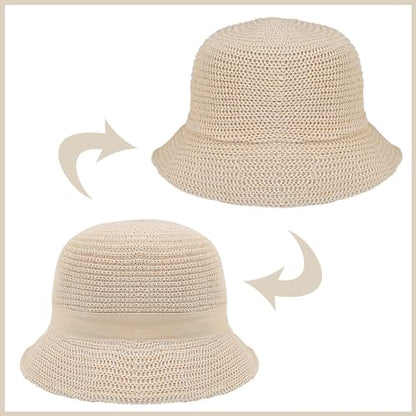 Eigso Womens Mesh Woven Bucket Hats Summer Outdoor Beach Straw Bucket Hat for Woman Packable Beach Hat - color: A2 : Beige