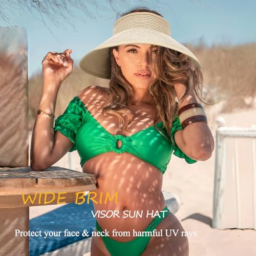 Women's Sun Visor Hats Wide Brim Straw Beach Hat Ponytail Hats for Women Foldable Floppy - color: 1pack-beige