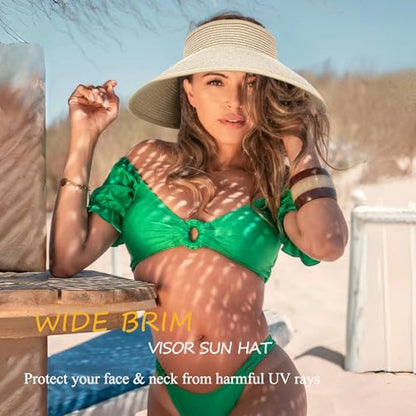 Women's Sun Visor Hats Wide Brim Straw Beach Hat Ponytail Hats for Women Foldable Floppy - color: 1pack-beige